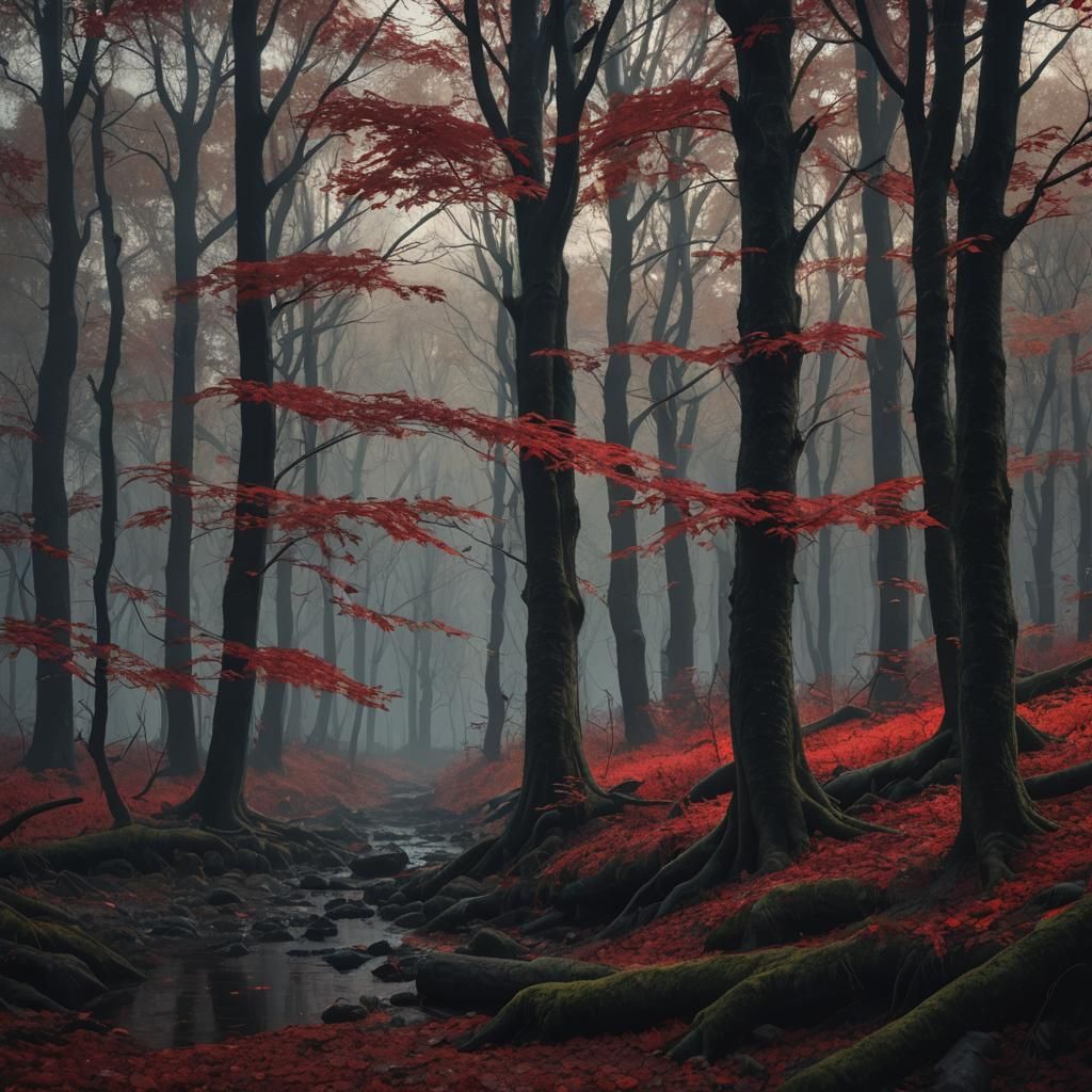 Mystique Autumn Forest in Film Noir Style