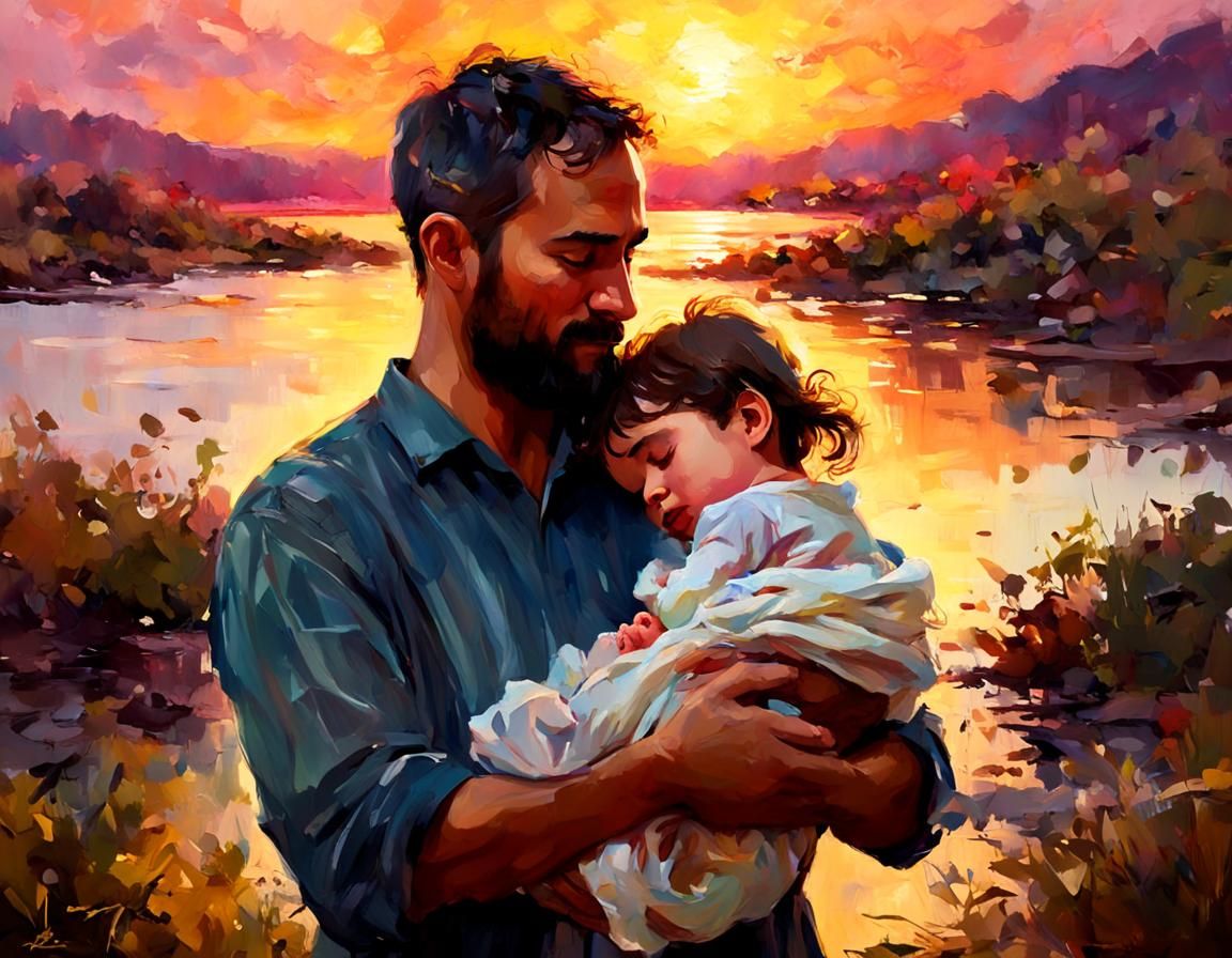 Illustrate a tender and radiant moment of a father holding his newborn child at sunset, with soft and ...  by @Exo1124