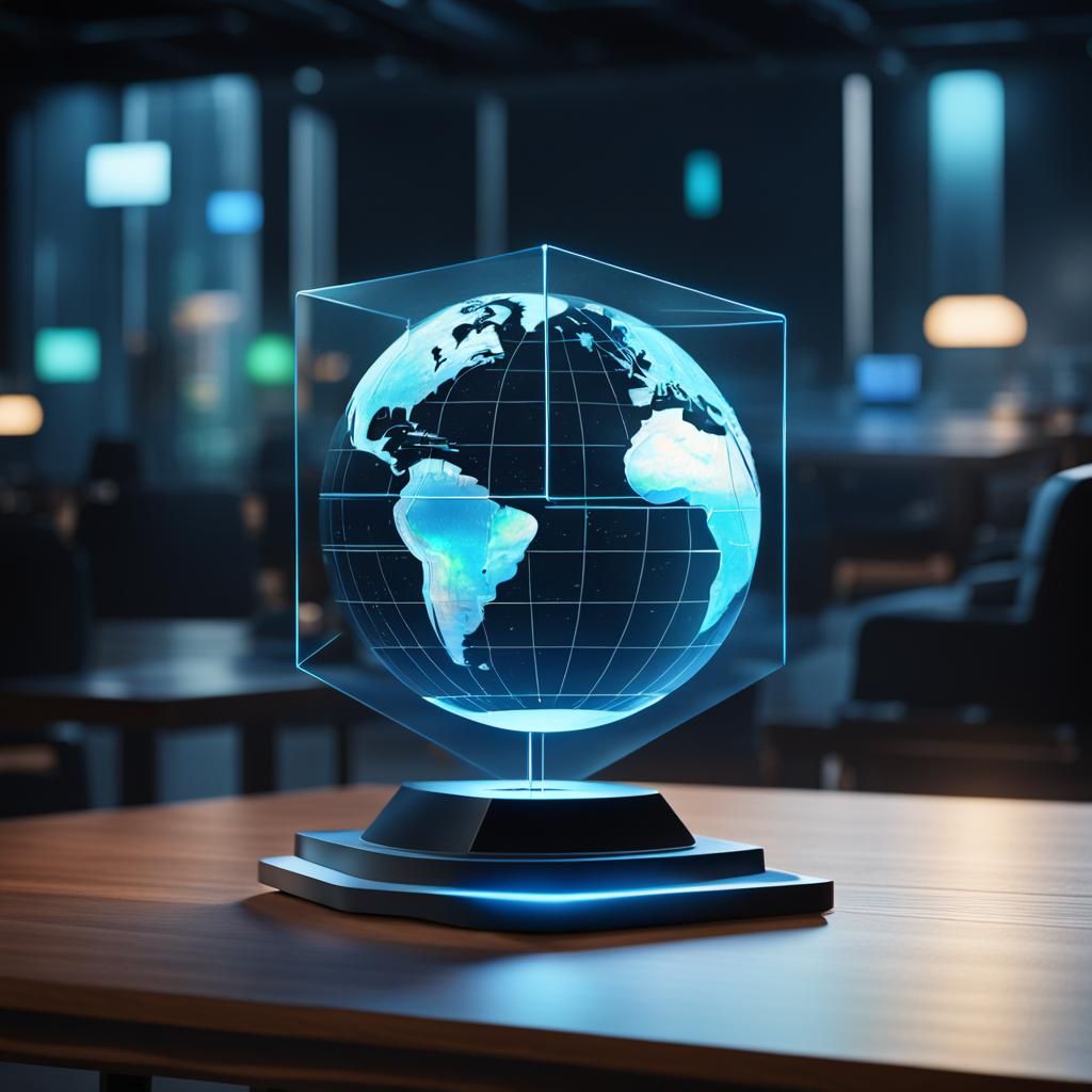 (Holographic display device placed on the table showing the ...