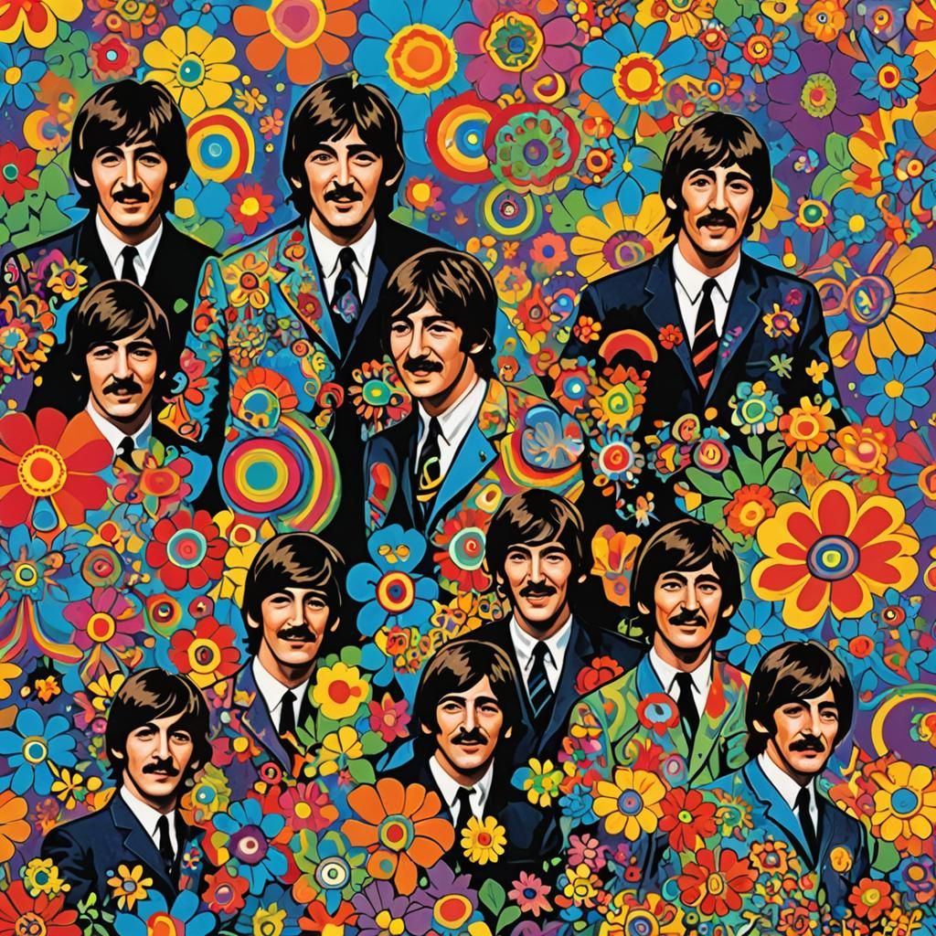 1960s' famous band The Beatles celebrating in Groovy festiva...