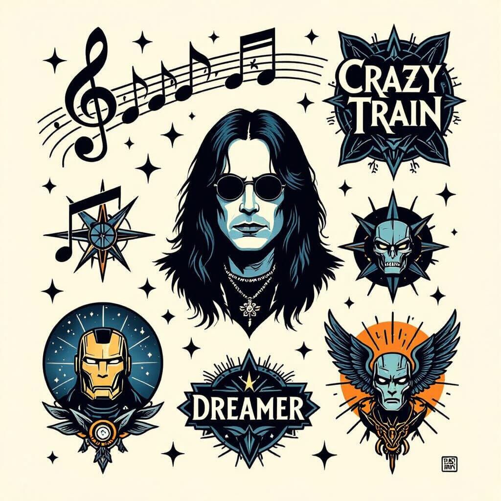 For today's challenge, imagine a flash tattoo sheet featuring a collection of a tribute to Ozzy Osbourne ...  by @Aelha