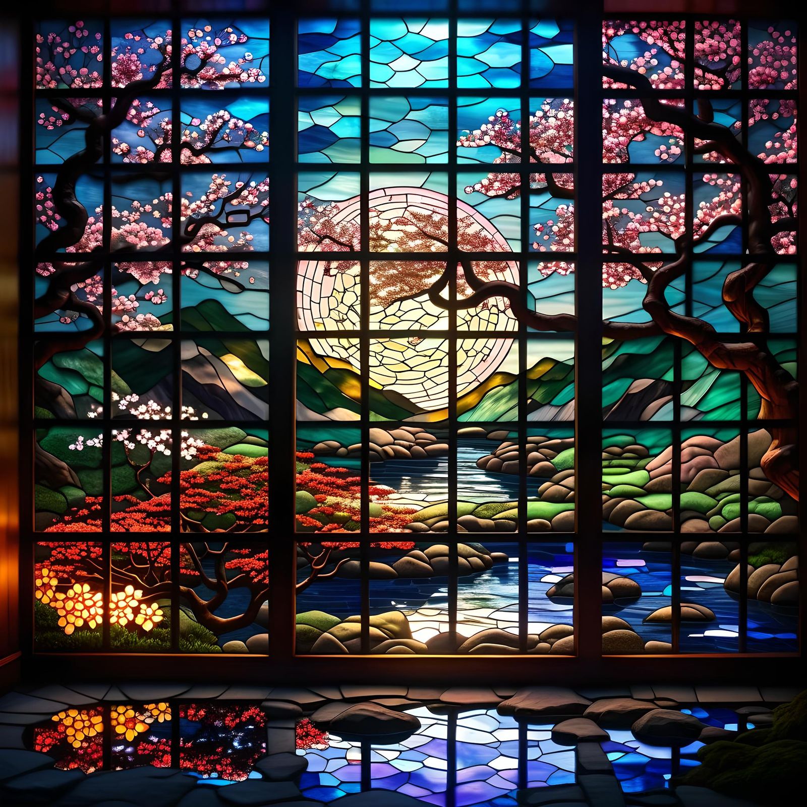 Sunset in Stained Glass Garden - AI Generated Artwork - NightCafe Creator