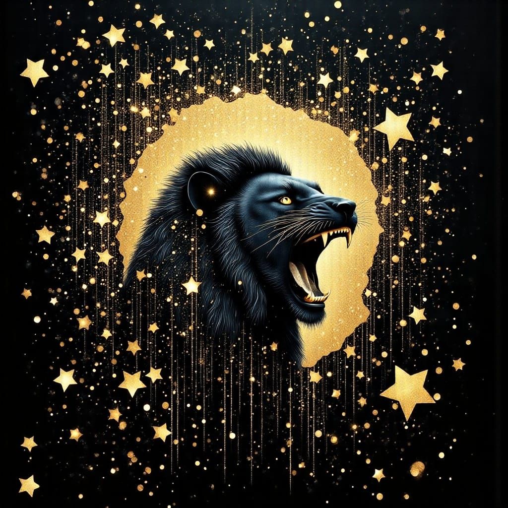 Courageous Lion Roars Amidst Twinkling Gold Letters