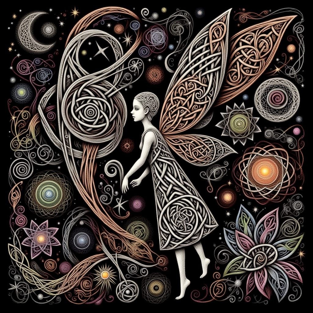 <lora:Knot Work Sketches:1.0>  Fairy in a Knotwork cosmos