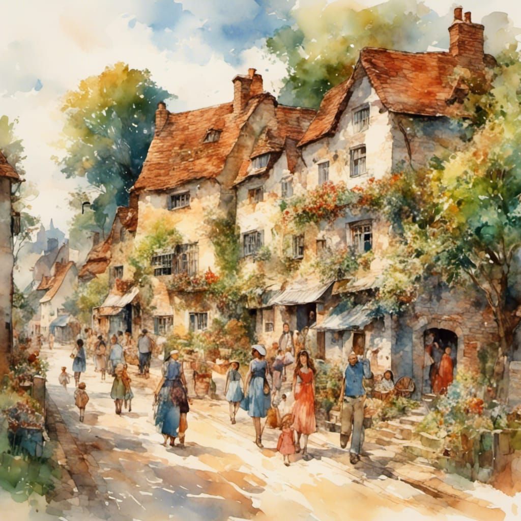 <lora:Watercolor:1.0> English village with people on the street
