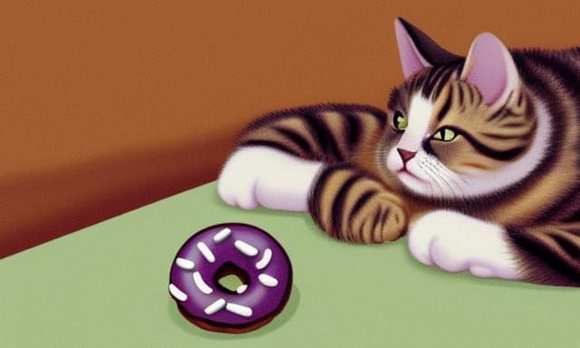 A cat sitting beside a purple donut.