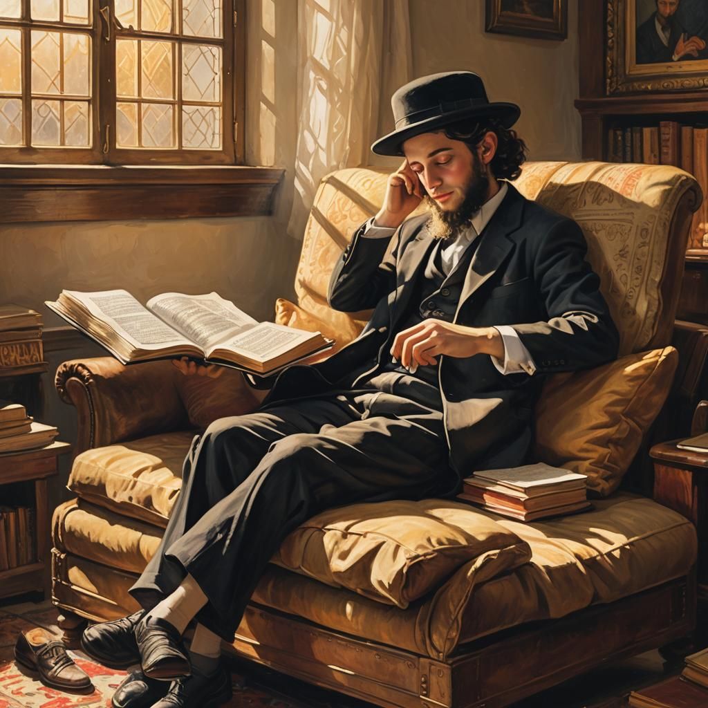 Boy Reading Siddur Book with Golden Light, Art Nouveau