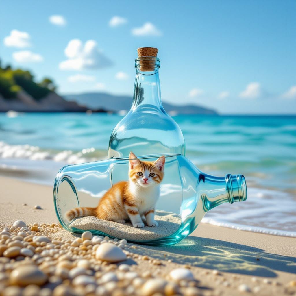 Cool White Cat in Bottle on Beach