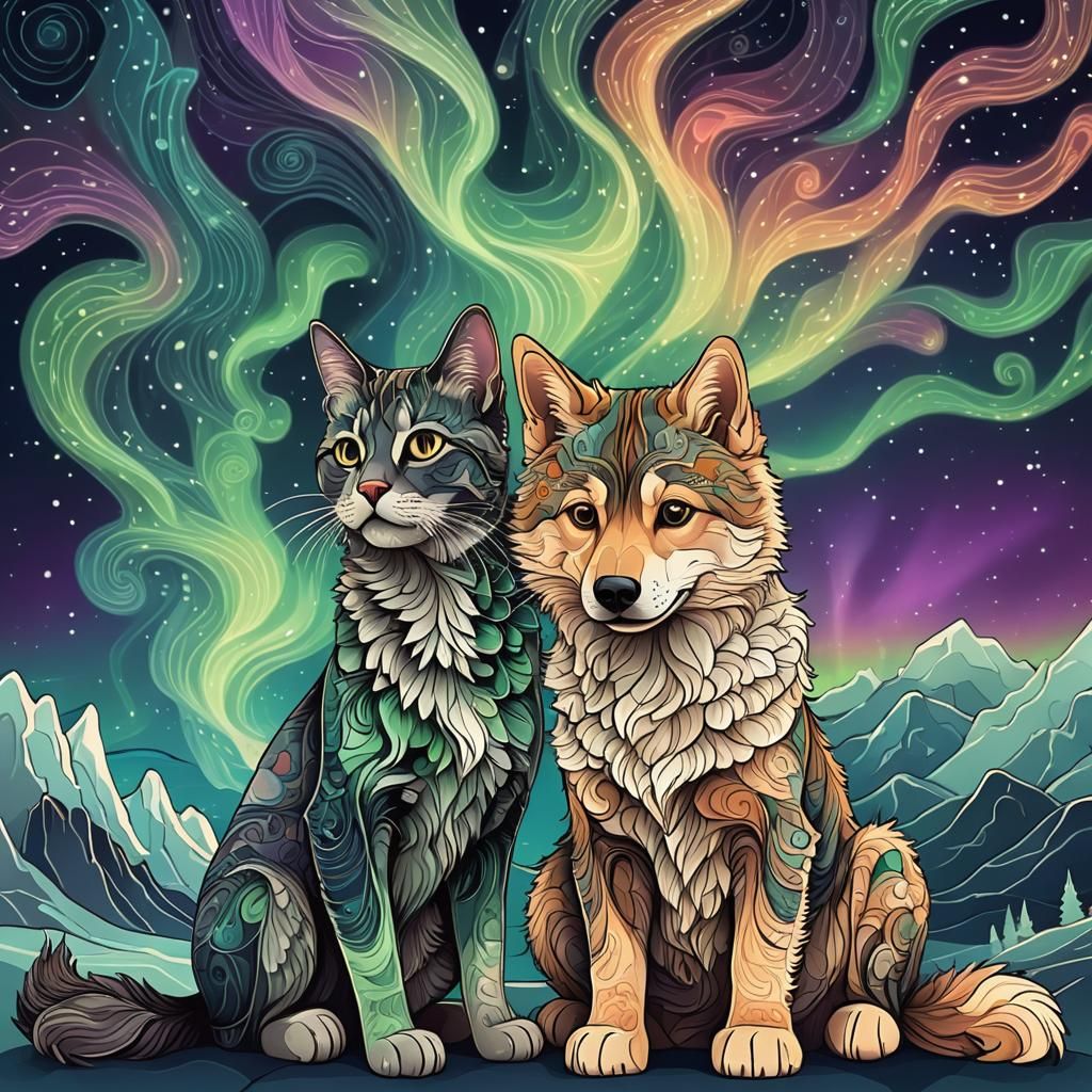 Cute dog and cat sitting next to each other with northern li...