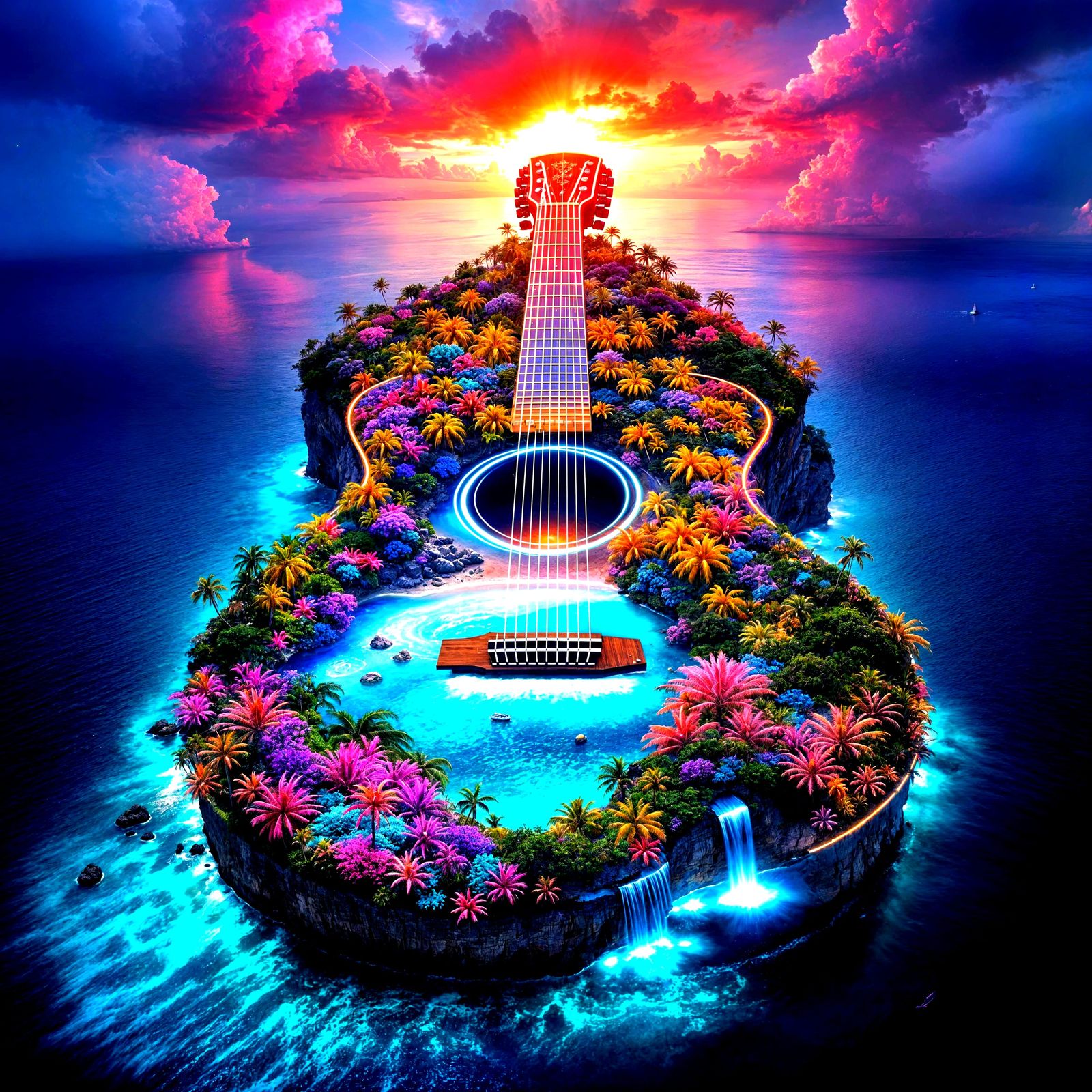 Guitar Shaped Island with Bioluminescent Forest