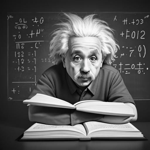 Albert Einstein with many books