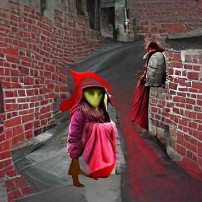 A girl wearing a red cloak is afraid of a goblin in a dark a...