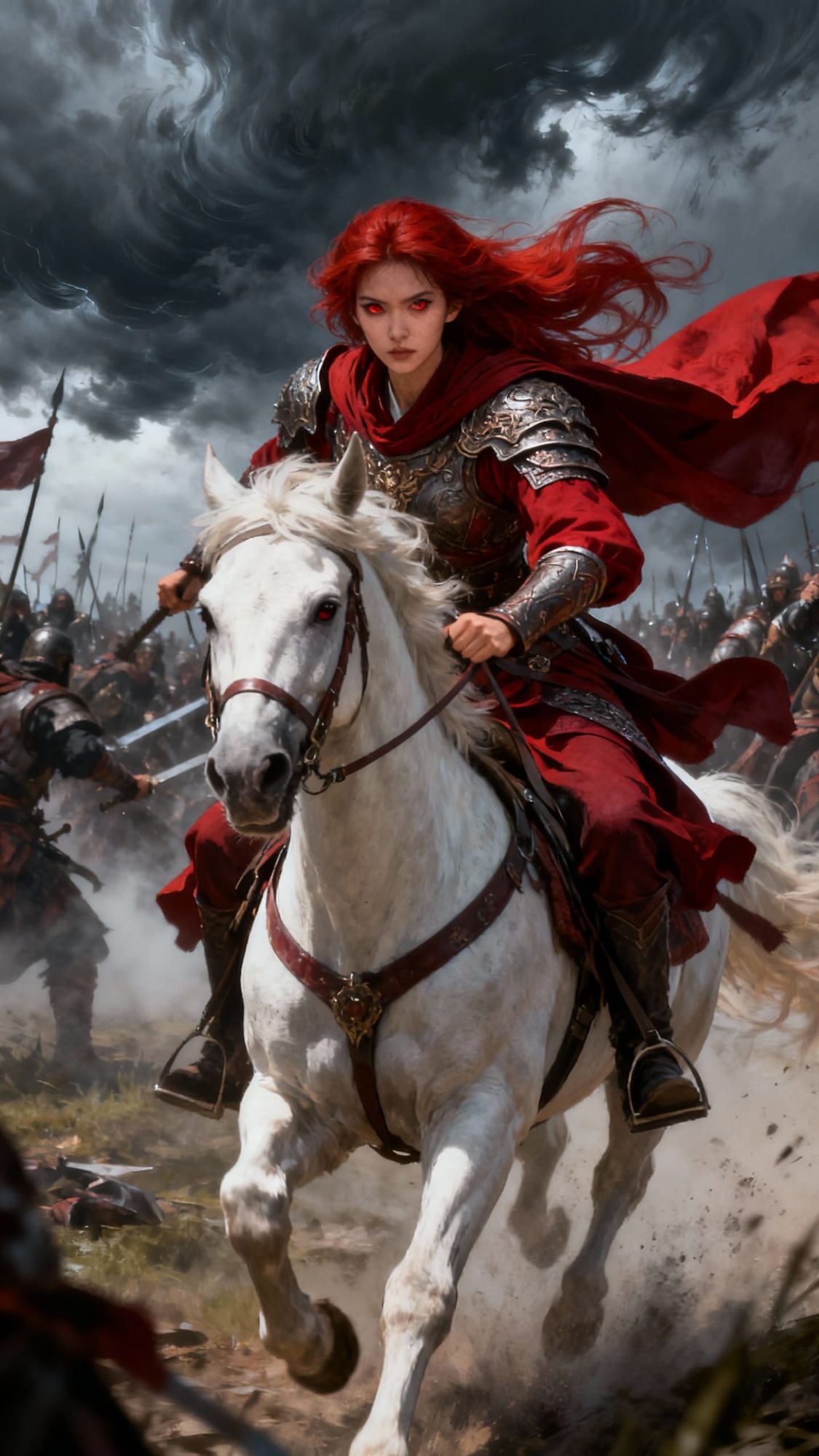 close up of a long red hair female with beautiful eyes in armour and red robes riding a white horse into battle. army fighting in background...