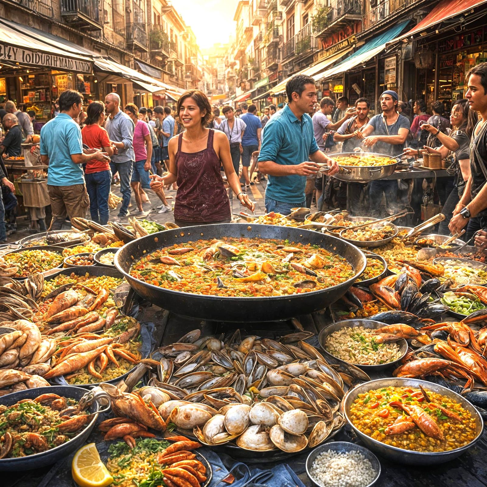 A wide shot of a lively Spanish  market scene with vendors serving street foods and crowds of happy people ...  by @Papa Garry