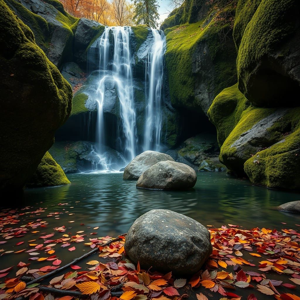 A waterfall cascades through giant moss-covered boulders into a pool below.  There are more boulders ...  by @Chippy