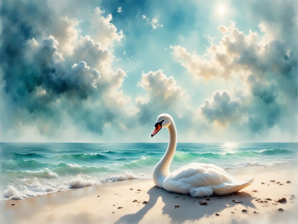 snow white swan resting on beach  by @Heidi25