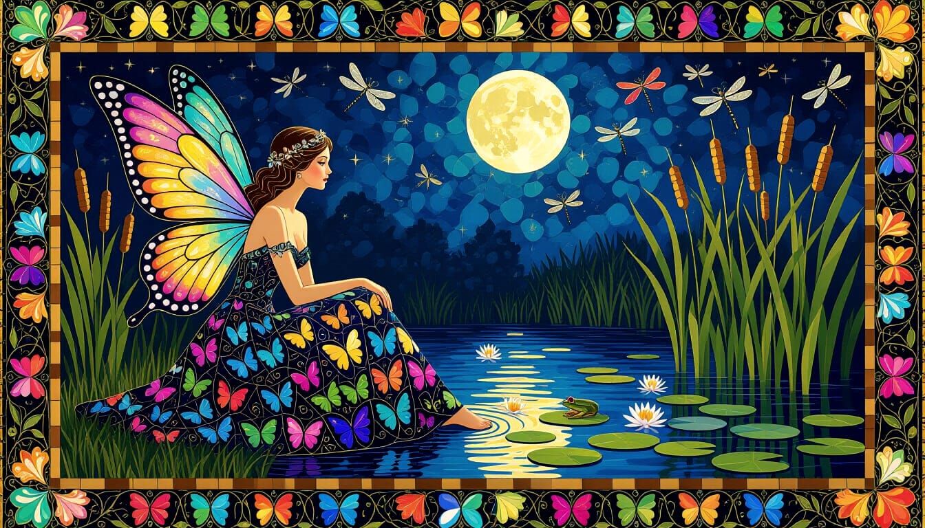 Byzantine Mosaic Garden Scene with Fairies and Butterflies