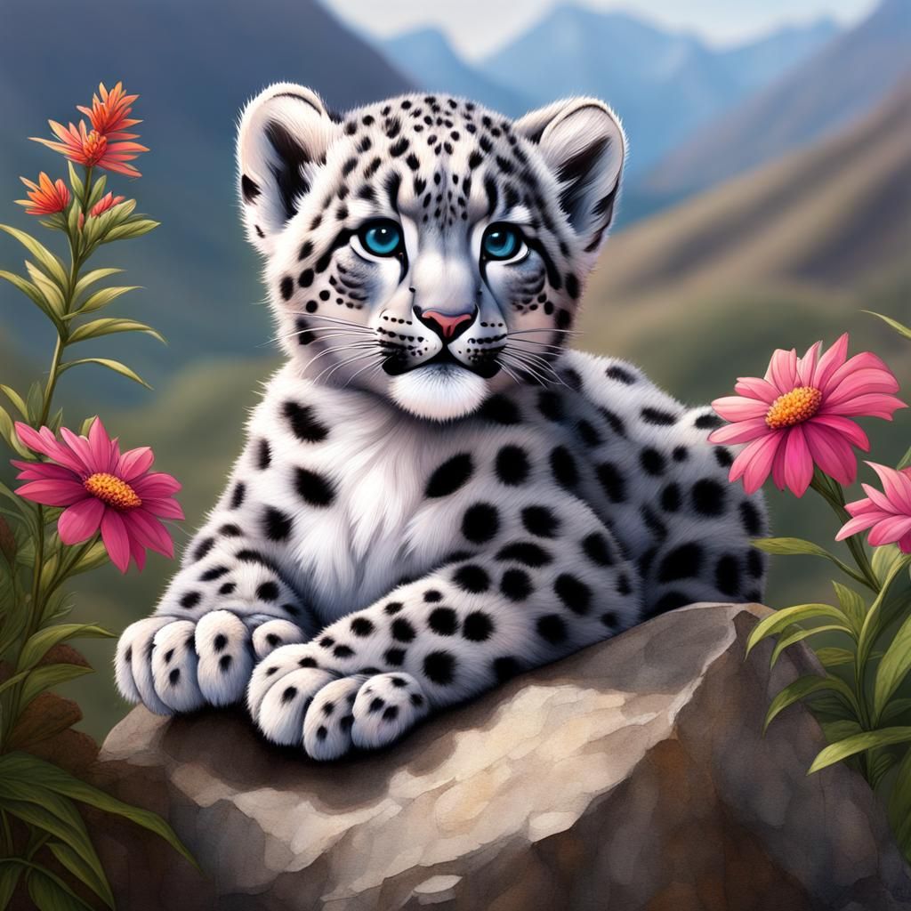 Chibi Snow Leopard Cub sitting on rocks in the Himalayas - AI Generated ...