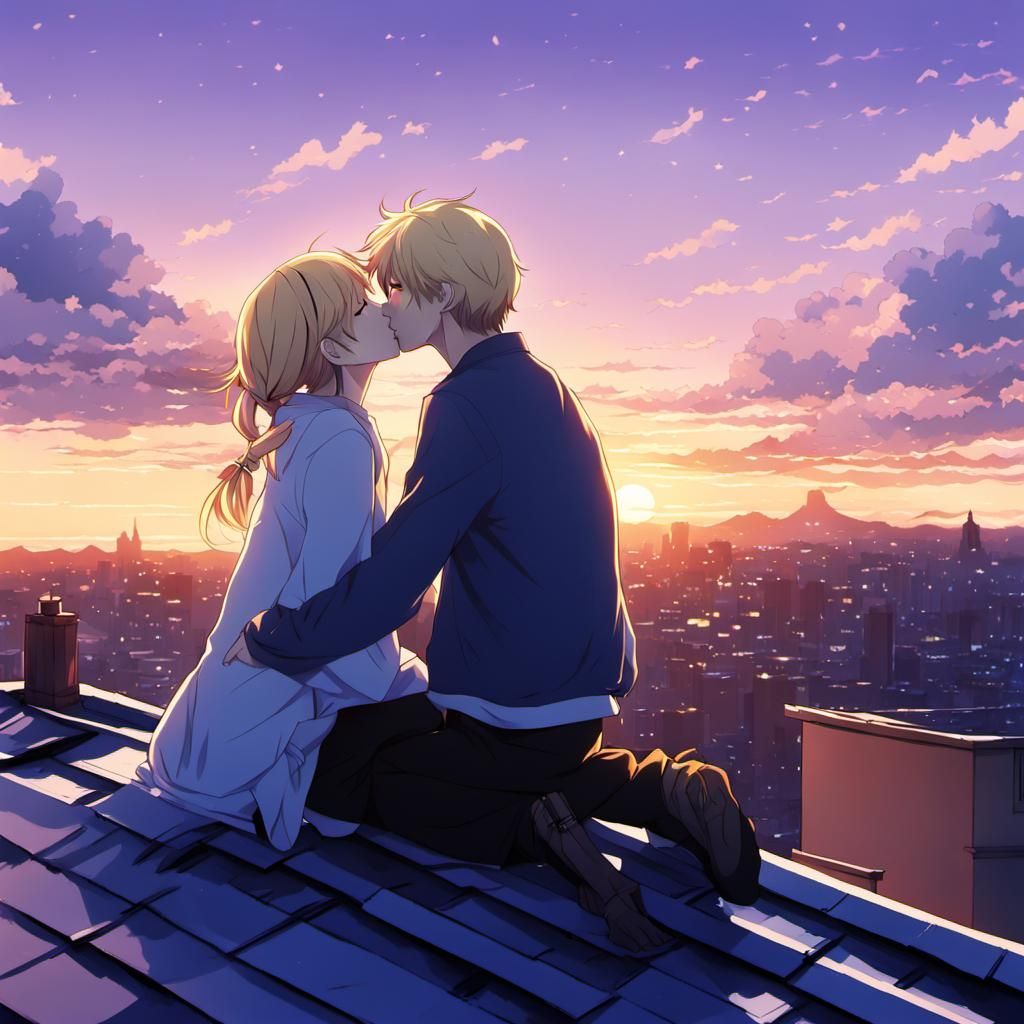 a blonde hair girl and her boyfriend kissing  on top of a ho...