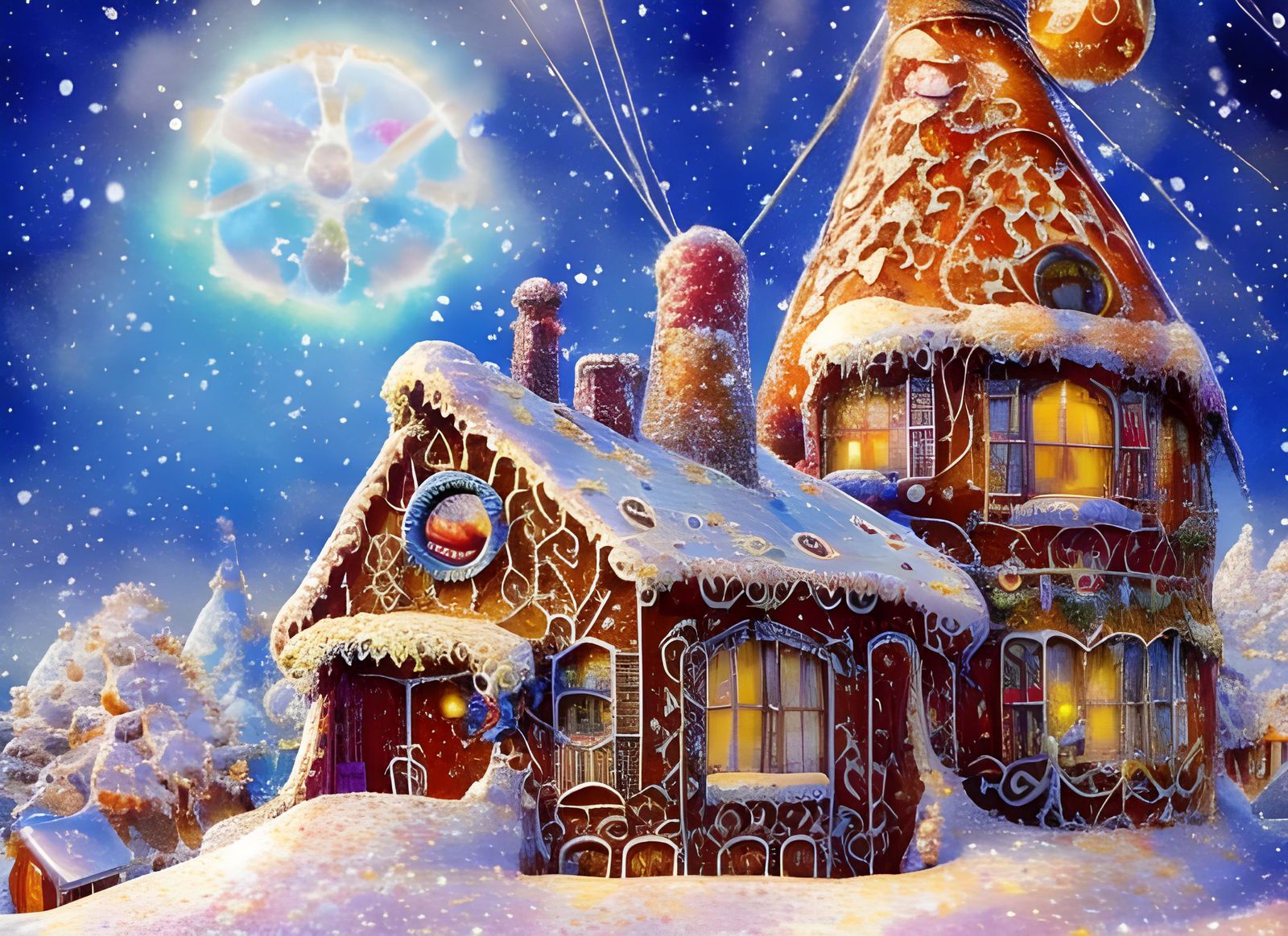 gingerbread house under snowflake-sun  by @Greykite