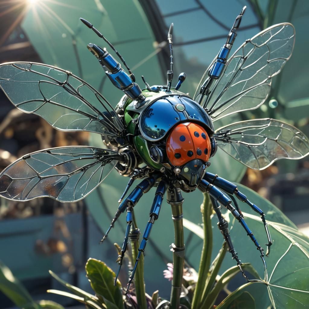a cyber-ladybug with solar panel wings  by @Wahnfryd