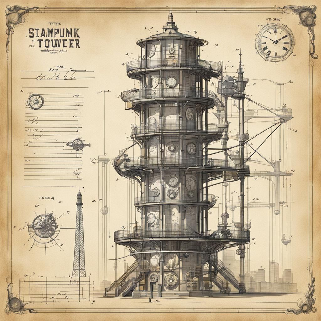 Patent drawing retro steampunk tower