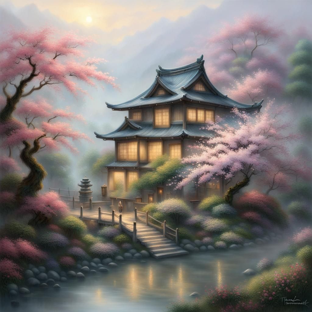 Ethereal Japanese House in Mist with Blossoms
