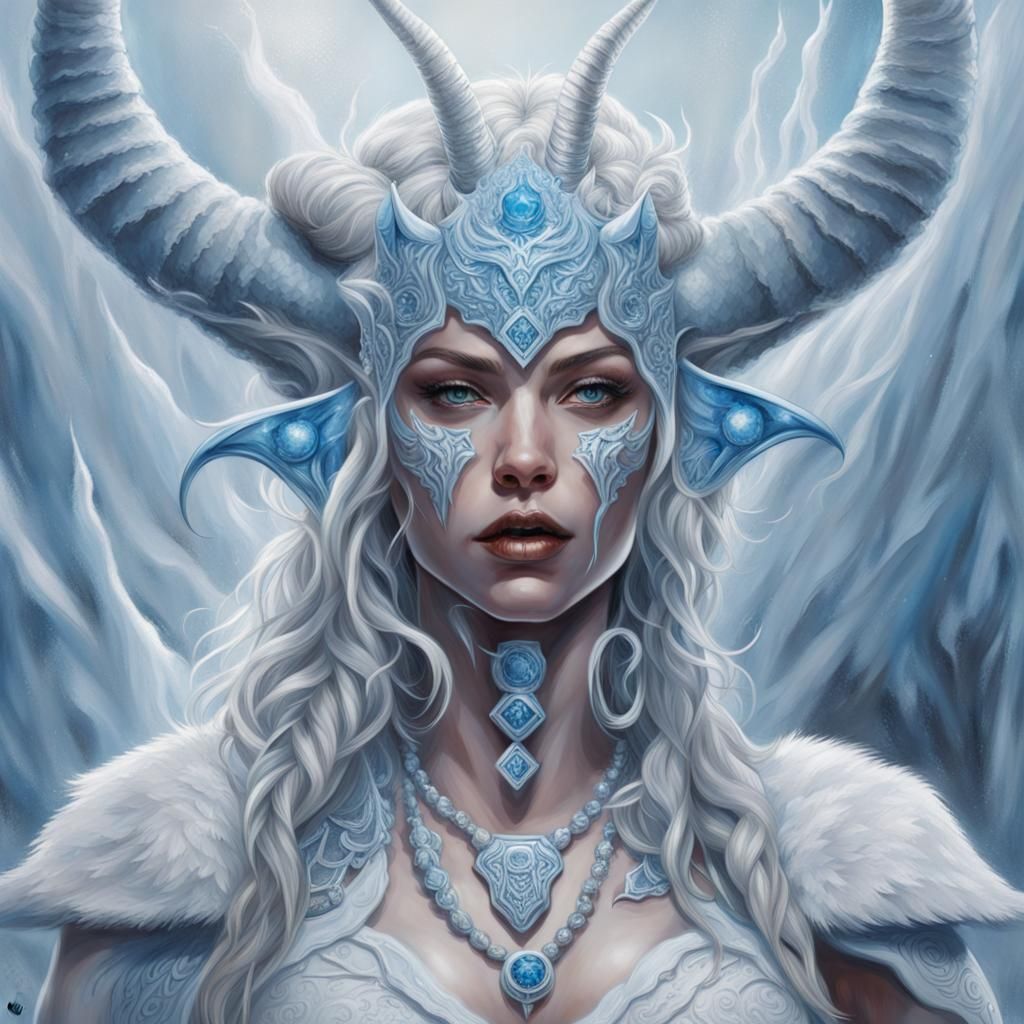 Woman, ice spirit, fantasy, warrior, horns, blue and white, ice emblems ...