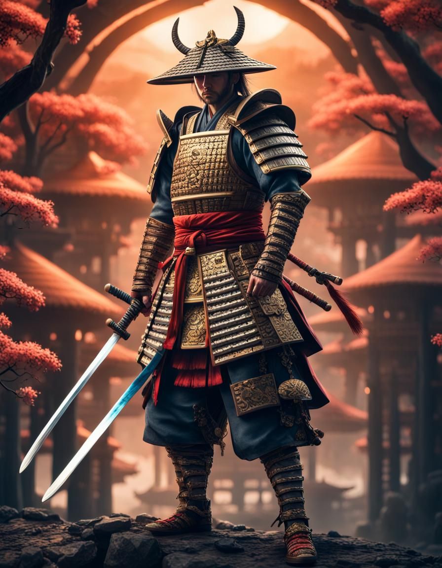 Powerful samurai warrior with Bitcoin-inspired armor and katana stands ...