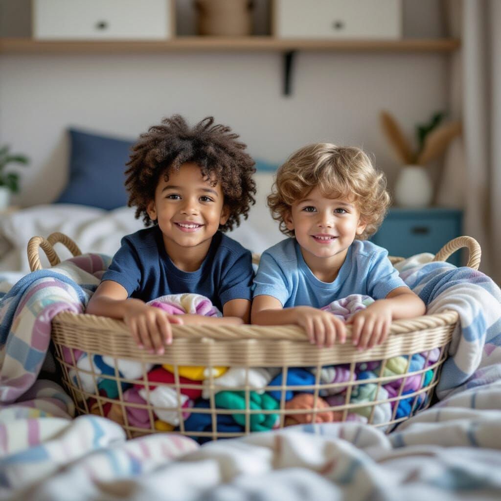 Twins Laughing in Giant Laundry Basket with Colorful Clothes