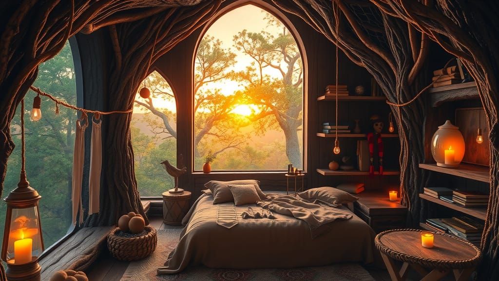 A magical rustic treehouse chamber woven into the living trunk, walls lined with bark patterns and etched runes, a massive window opening to...