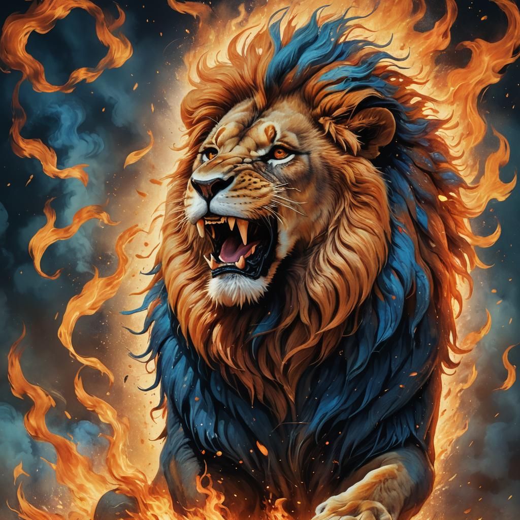 Roaring Lion Engulfed in Flames: Fantasy Concept Art