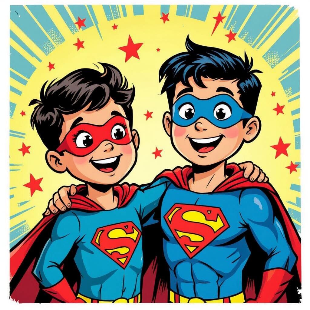 Joyful Kids Dressed As Superheroes in Colorful Comic Style