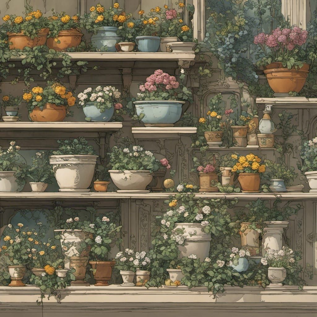 shelf with flower pots in a blooming garden, by Mike Mignola...