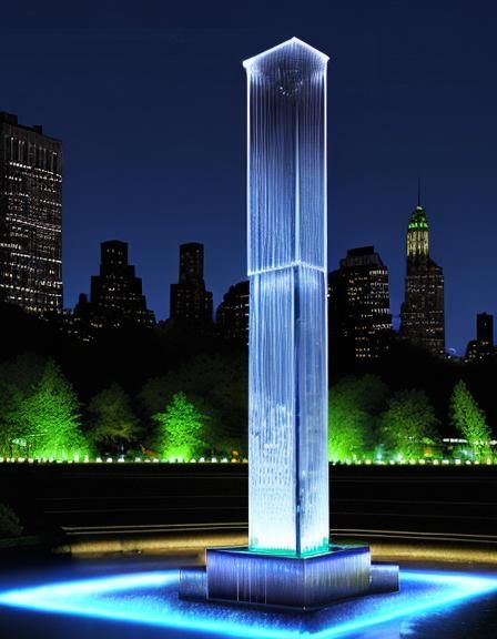 Luminous modern vertical water fountain at night, Huge centr...
