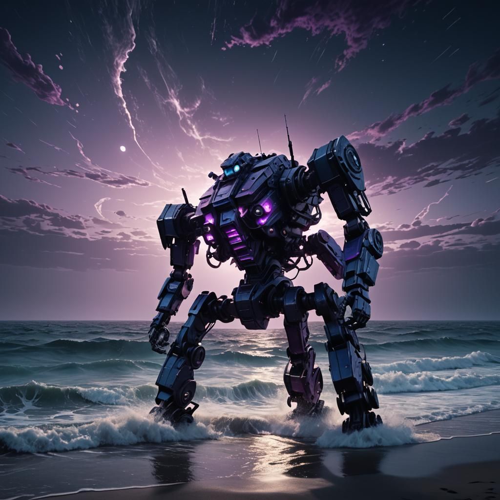 Sci-Fi Mech Warrior at Ocean's Edge