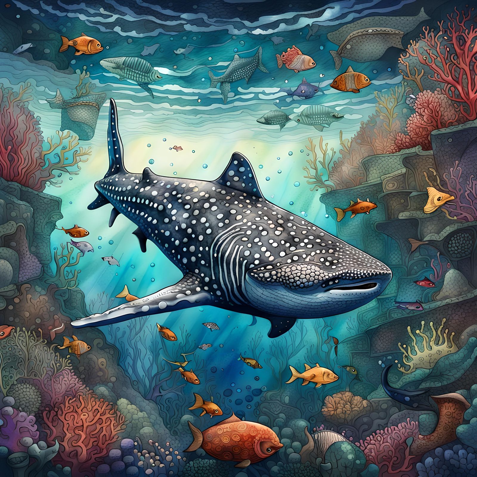 Storybook illustration of a  whale shark under the sea, land...