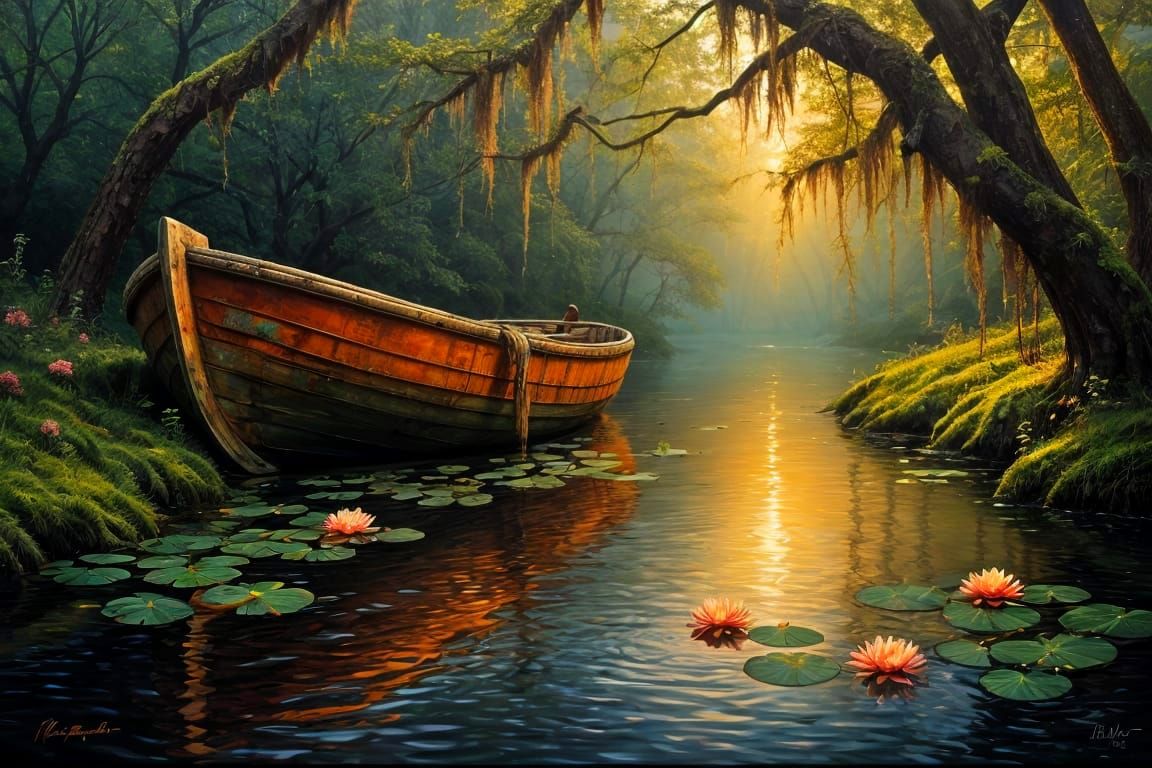 Moss-covered riverbank at dawn