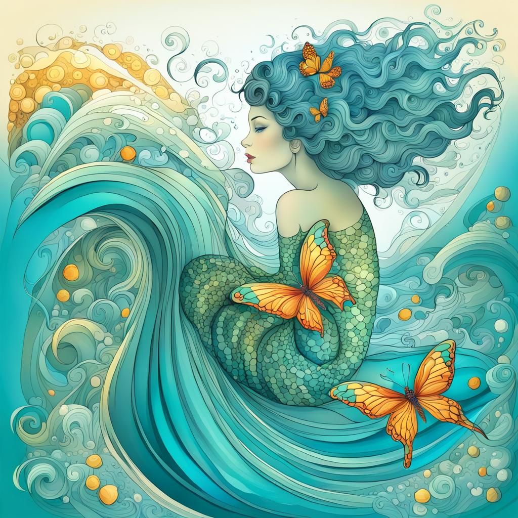 A nice young mermaid, soft curvy body, long curly turquois h...