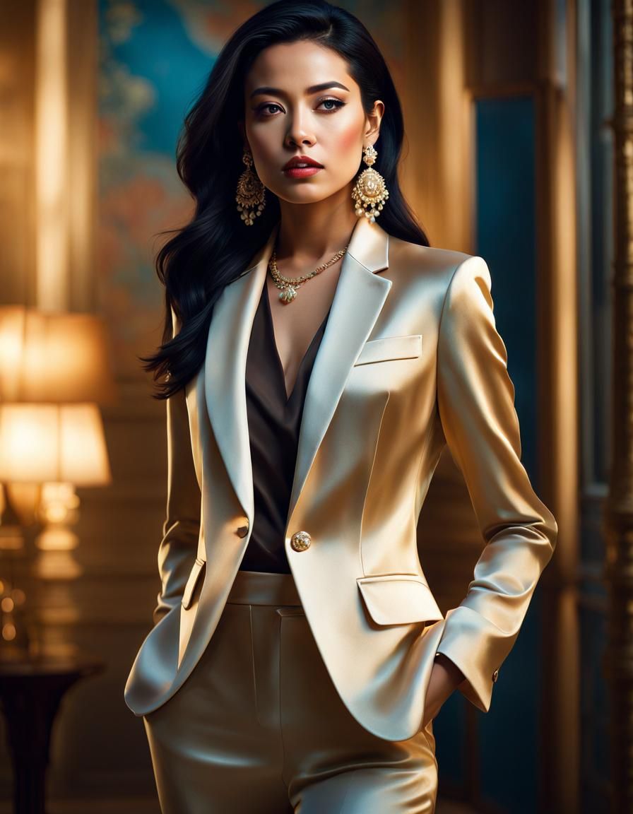 Beautiful woman in a beige silk suit.