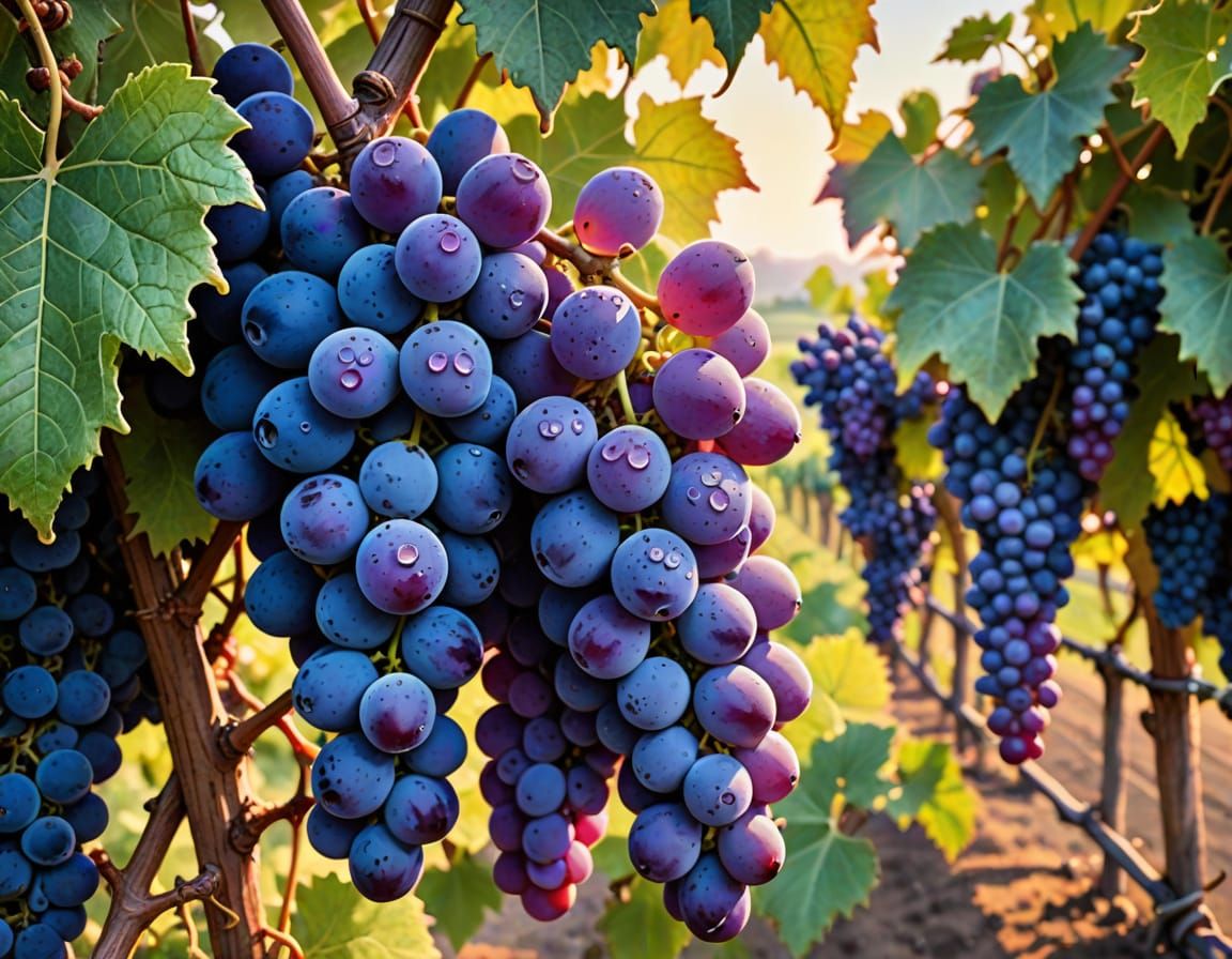 Cluster of purple grapes ripening on the vine.   by @Goosie Girl 