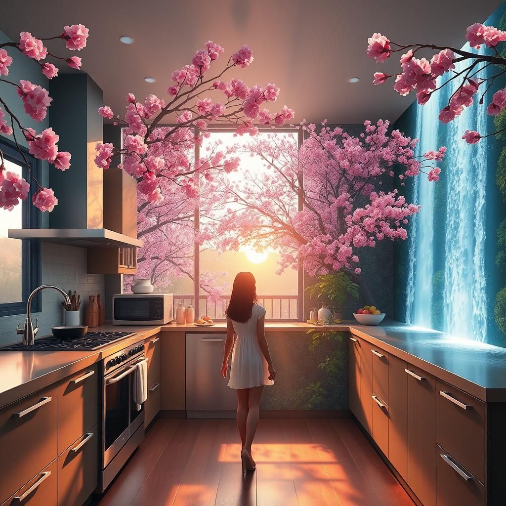 Cherry Blossom Kitchen Waterfall in Hyperrealism