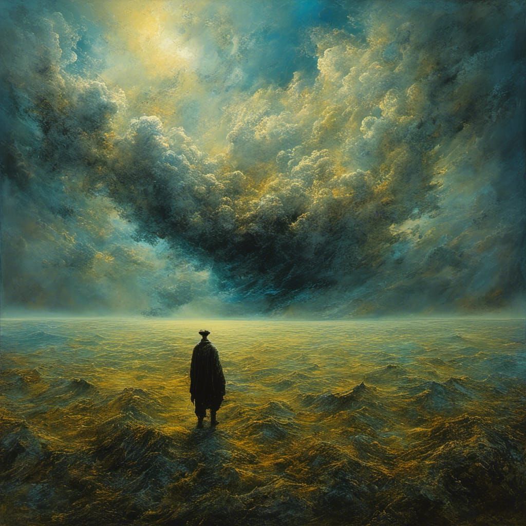 <lora:MJ6 Dark Oil Splash:1.0> Nimbus, the Cloud Cartographer: A cartographer who maps the ever-changing shapes of clouds, navigating the s...