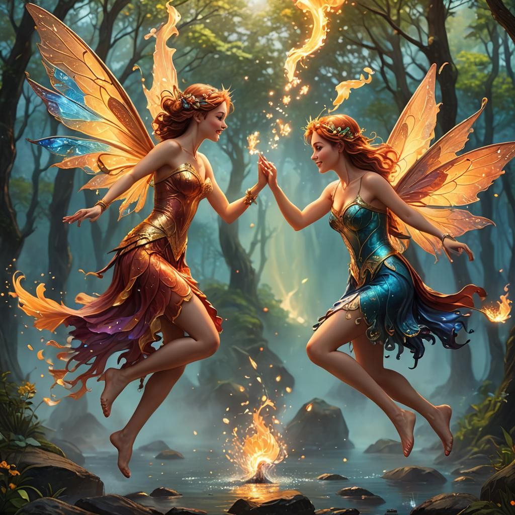 Fire Fairy and Water Fairy High-Five together  by @EternaSky