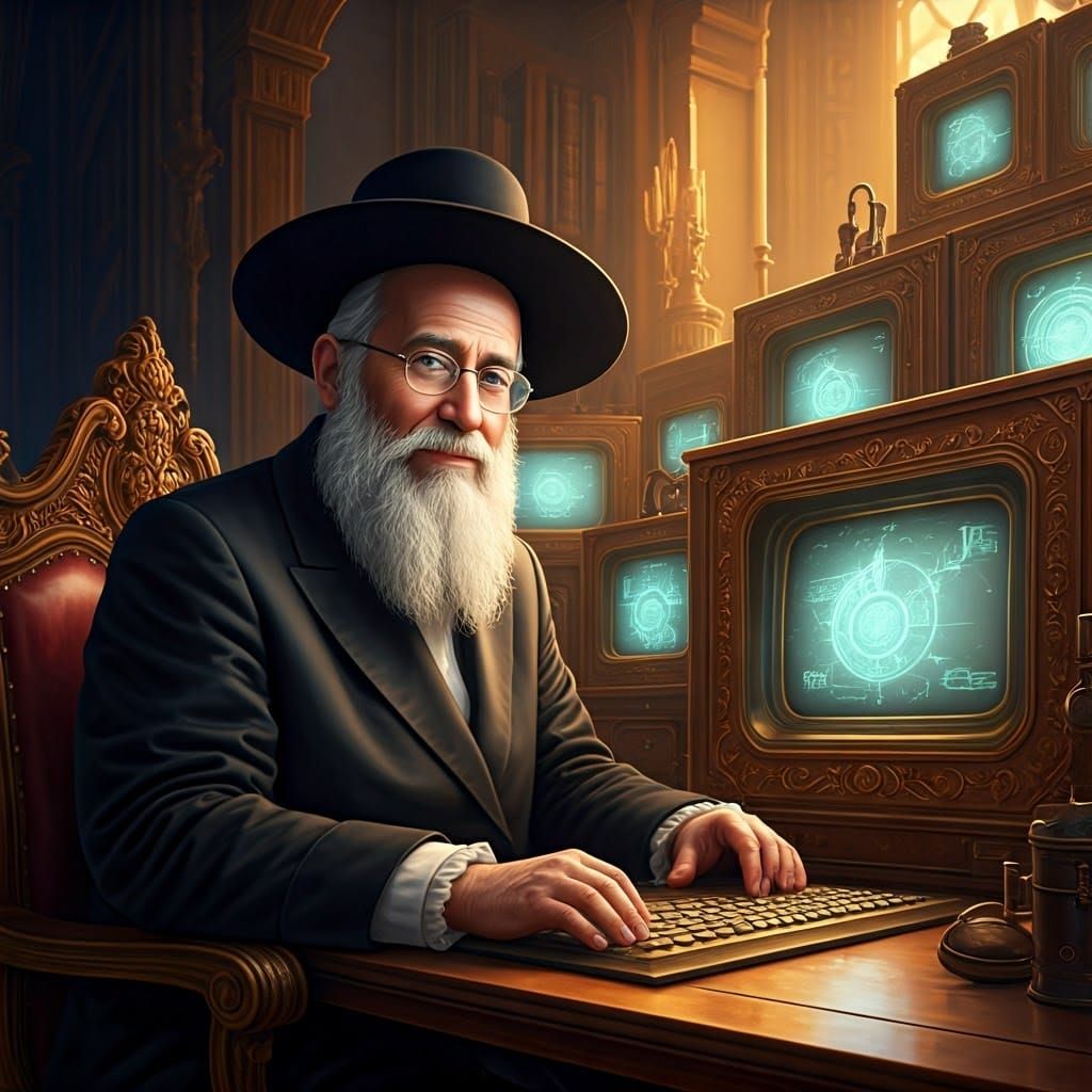 Rabbi in Enchanted Study, 18th-Century Oil Painting Style