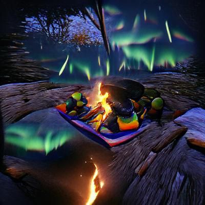 campfire under aurora borealis