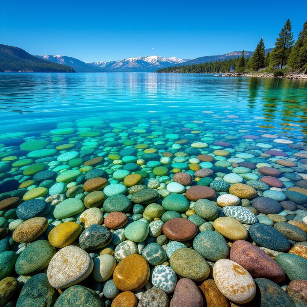 a photo of Lake Tahoe viewing from the shallow shore. the water is crystal clear showing the riverbed ...  by @Hereami
