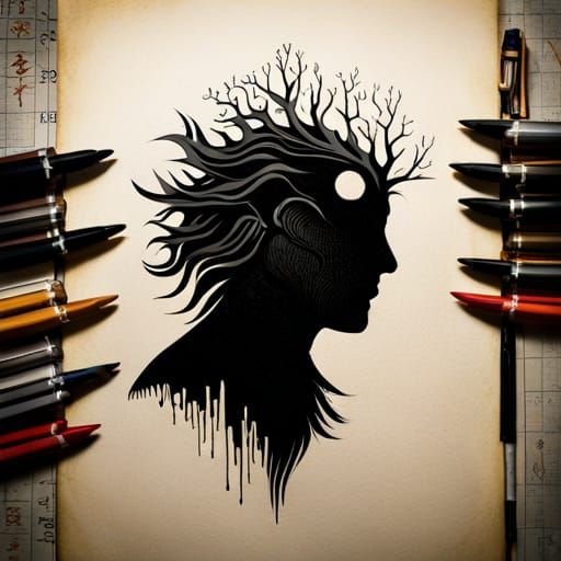 Portrait sketch of a living shadow, pure black, silhouette, ...