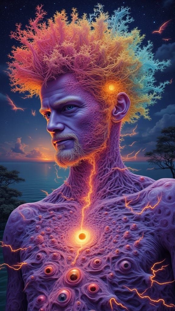 <lora:ZZ ZEBRAPUNK:1.0>fantasy  Portrait of <lora:steveface1:1.0> as a Surreal Rainbow lightning wizard casting majestic Powerful spells eff...