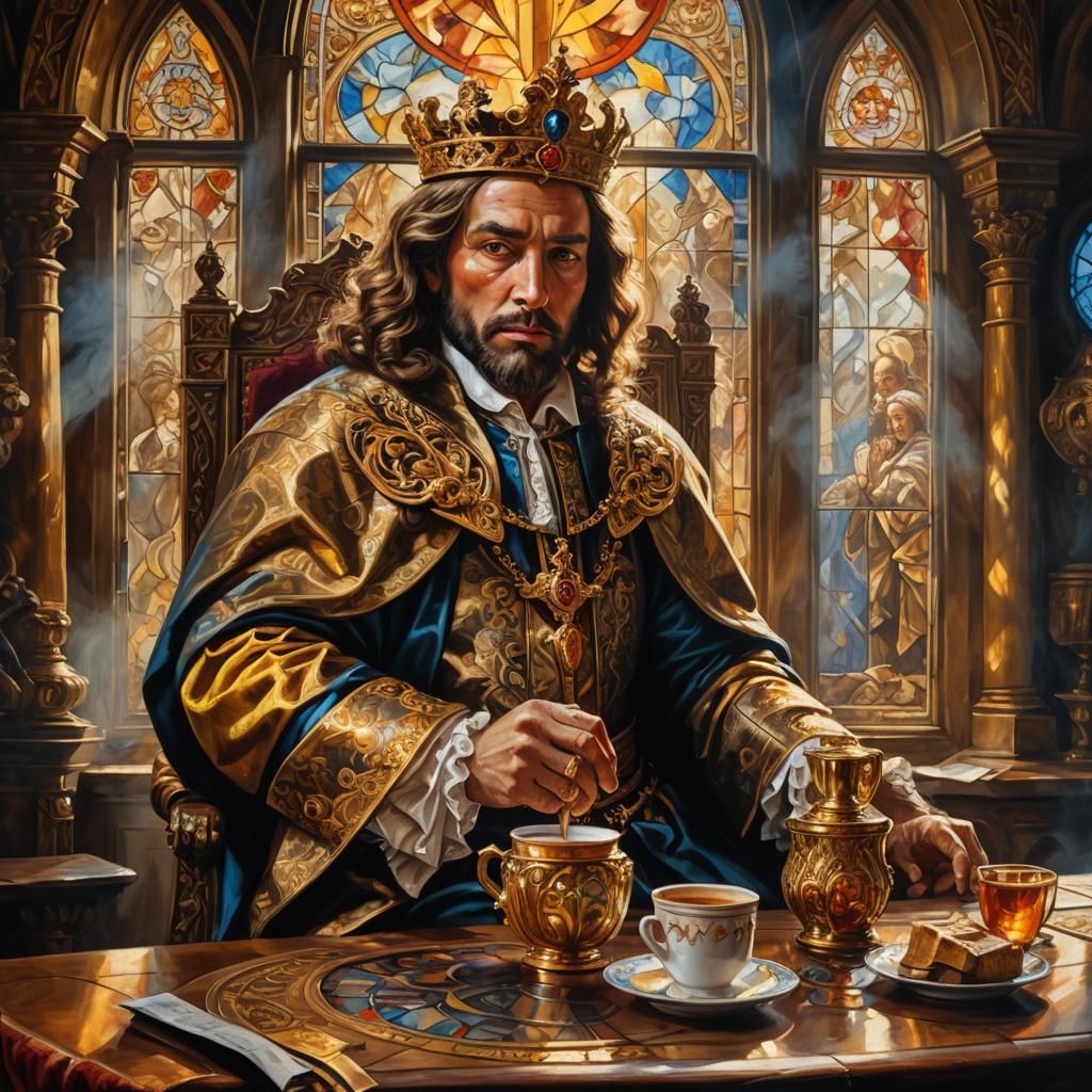 Majestic King Enjoying Coffee: Baroque Oil Painting